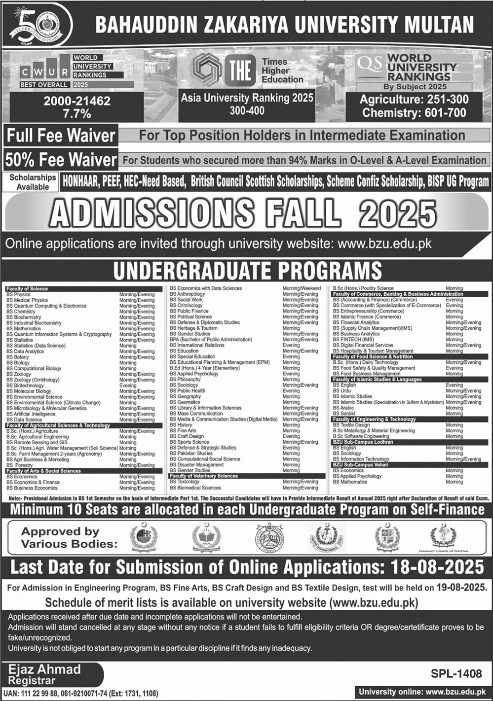 Admission Open in Bahauddin Zakariya University Multan